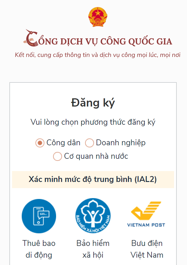 Đăng ký tài khoản trên Cổng Dịch vụ công Quốc gia.