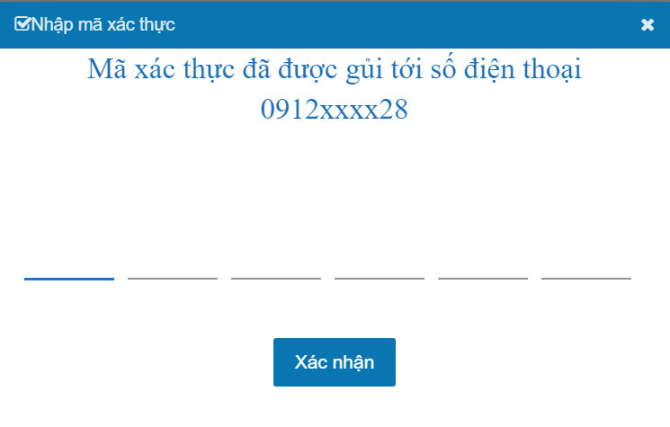 Nhập mã xác thực đã được gửi đến số điện thoại.