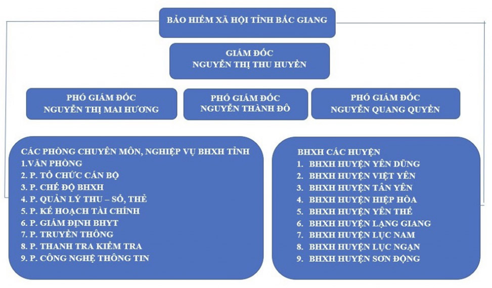 Sơ đồ cơ cấu tổ chức của Cơ quan Bảo hiểm xã hội tỉnh Bắc Giang