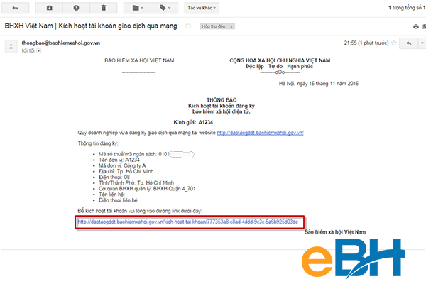 Thông báo kích hoạt tài khoản giao dịch điện tử gửi qua Email.