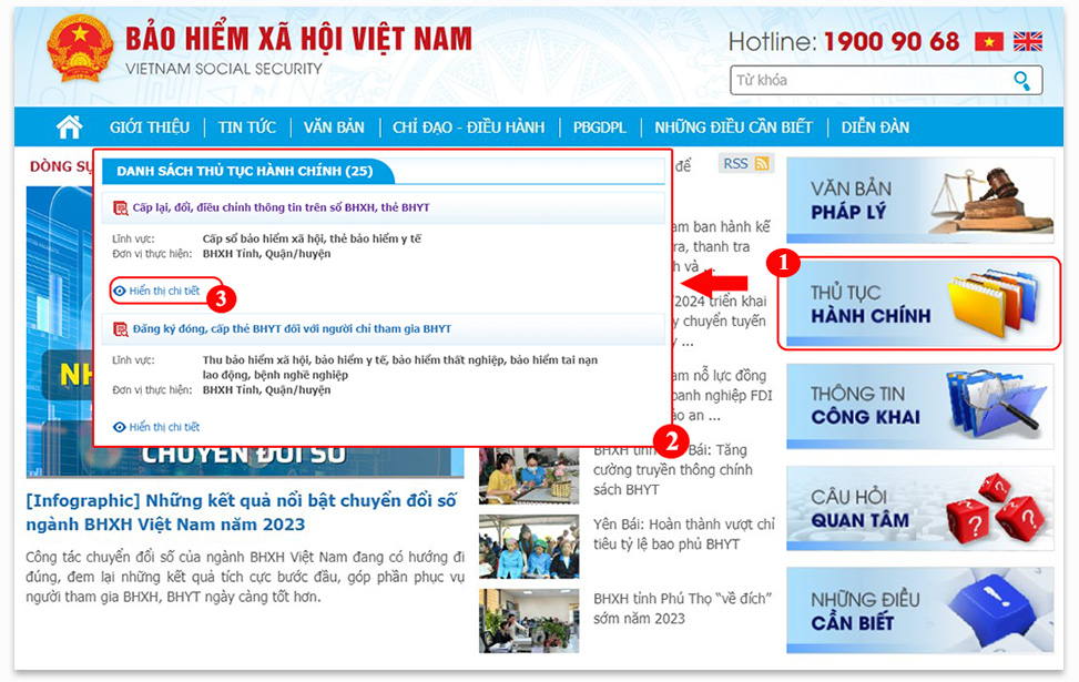 Hướng dẫn xem danh sách TTHC trên website BHXH Việt Nam