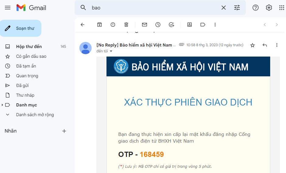 Cơ quan BHXH gửi mail xác thực giao dịch cho cá nhân