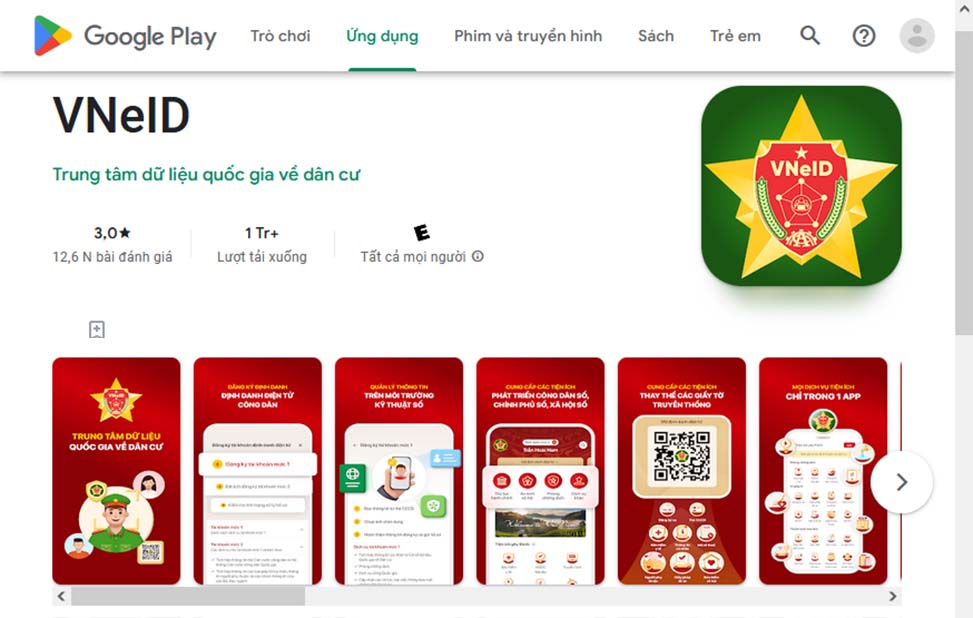 Ứng dụng VNeID trên ứng dụng Google Play