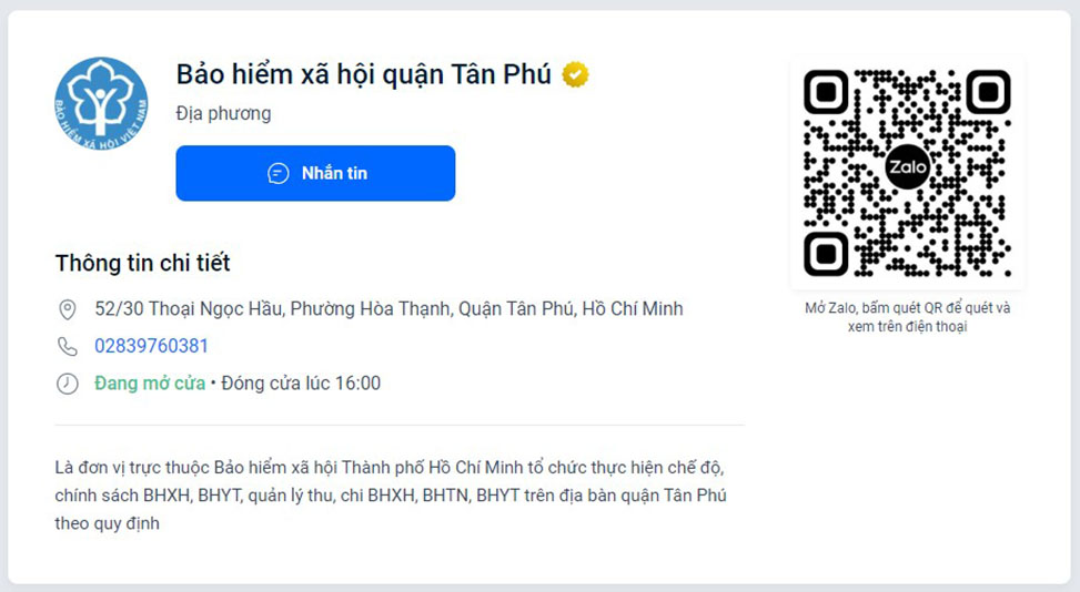 Kênh Zalo OA của cơ quan BHXH Tân Phú